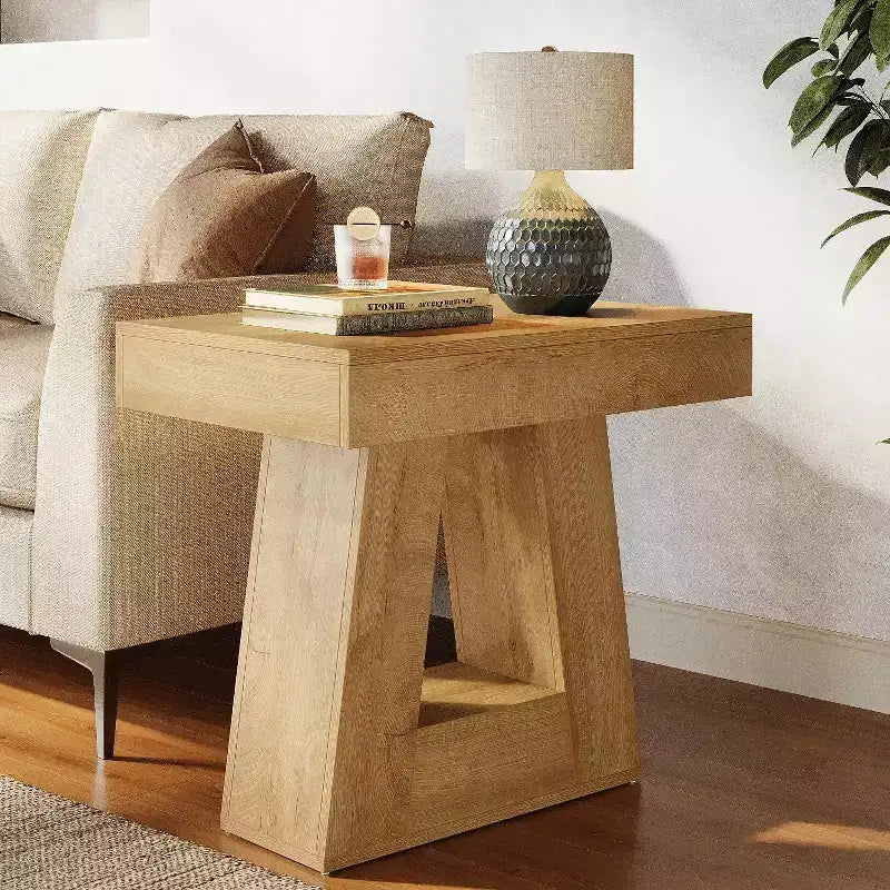 Table d'appoint à 2 niveaux de style campagnard, marron, avec base trapézoïdale