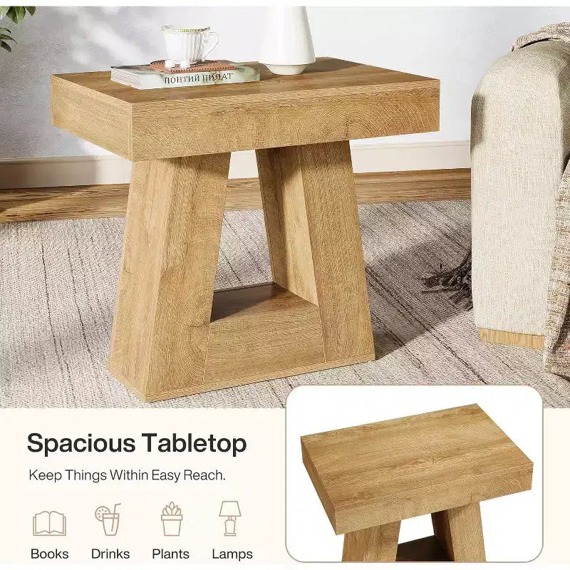 Table d'appoint à 2 niveaux de style campagnard, marron, avec base trapézoïdale
