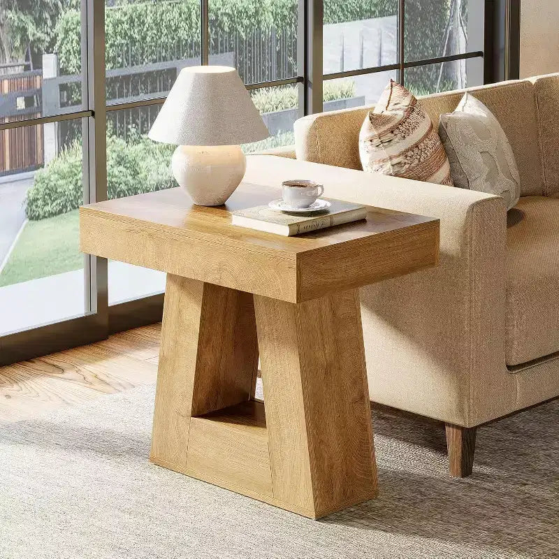Table d'appoint à 2 niveaux de style campagnard, marron, avec base trapézoïdale