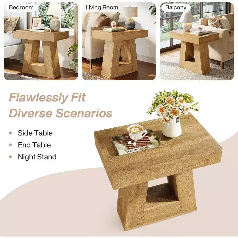 Table d'appoint à 2 niveaux de style campagnard, marron, avec base trapézoïdale