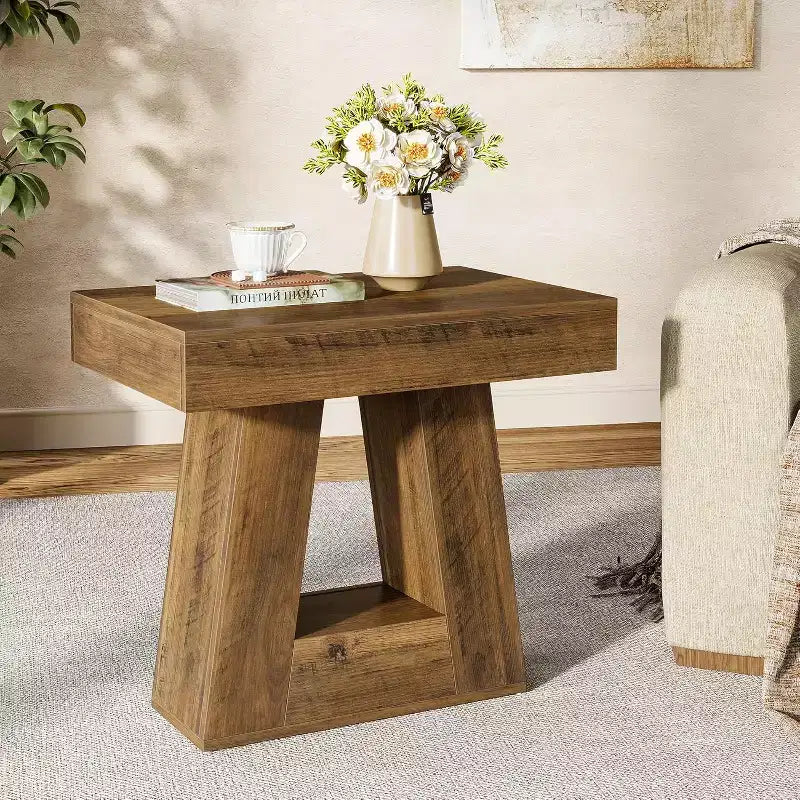 Table d'appoint à 2 niveaux de style campagnard, marron, avec base trapézoïdale