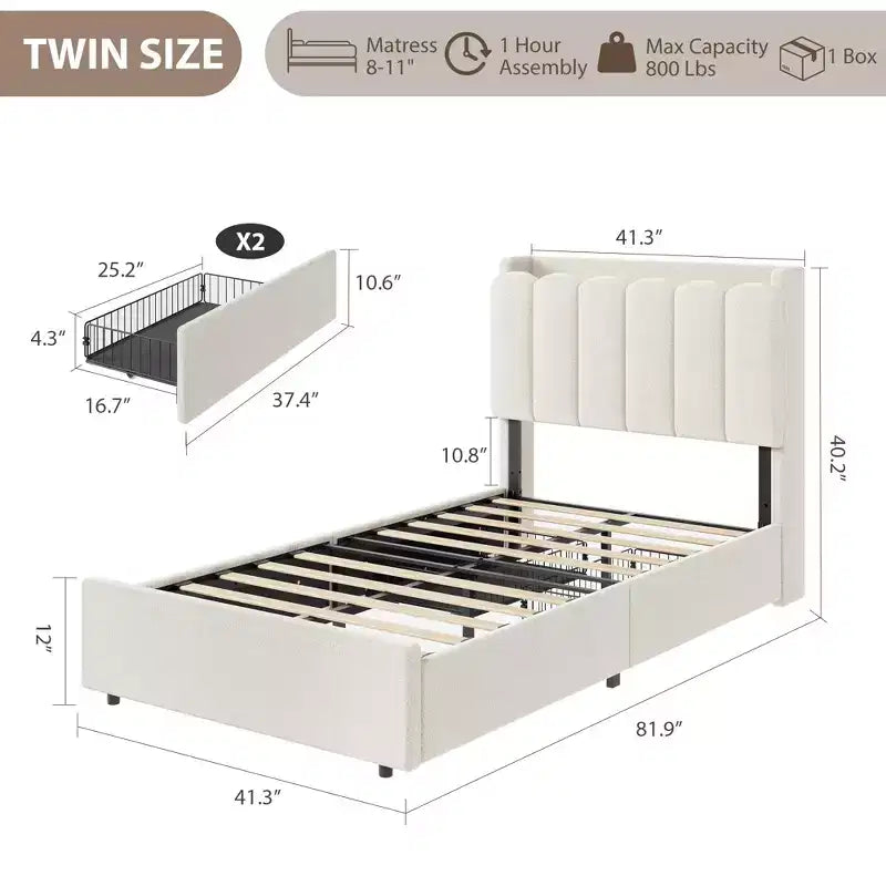 Cadre de lit LED en tissu bouclé crème avec tête de lit de rangement et 2 tiroirs, Twin XL, pour 1 personne