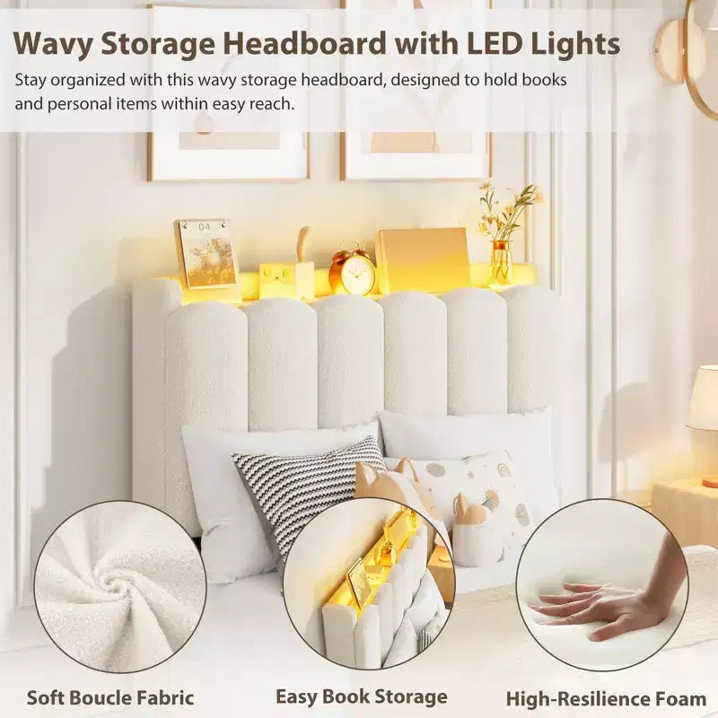 Cadre de lit LED en tissu bouclé crème avec tête de lit de rangement et 2 tiroirs, Twin XL, pour 1 personne