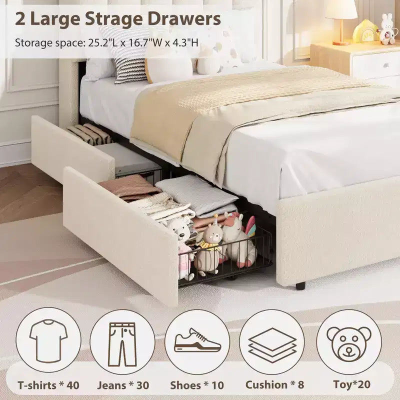 Cadre de lit LED en tissu bouclé crème avec tête de lit de rangement et 2 tiroirs, Twin XL, pour 1 personne