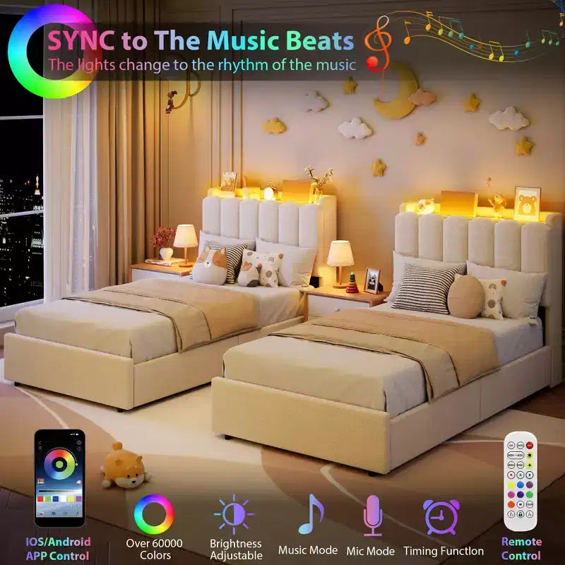 Cadre de lit LED en tissu bouclé crème avec tête de lit de rangement et 2 tiroirs, Twin XL, pour 1 personne