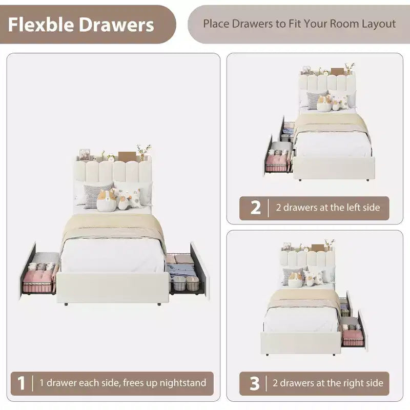 Cadre de lit LED en tissu bouclé crème avec tête de lit de rangement et 2 tiroirs, Twin XL, pour 1 personne
