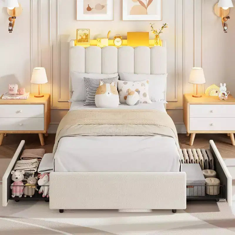 Cadre de lit LED en tissu bouclé crème avec tête de lit de rangement et 2 tiroirs, Twin XL, pour 1 personne