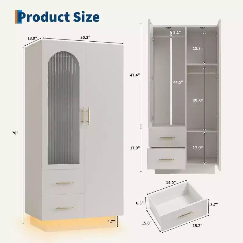 Meuble de rangement blanc à 2 portes avec panneau en verre cannelé et 2 tiroirs