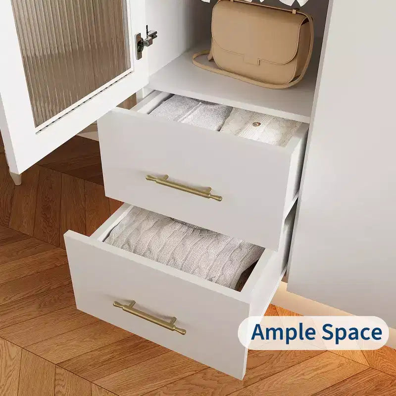 Meuble de rangement blanc à 2 portes avec panneau en verre cannelé et 2 tiroirs