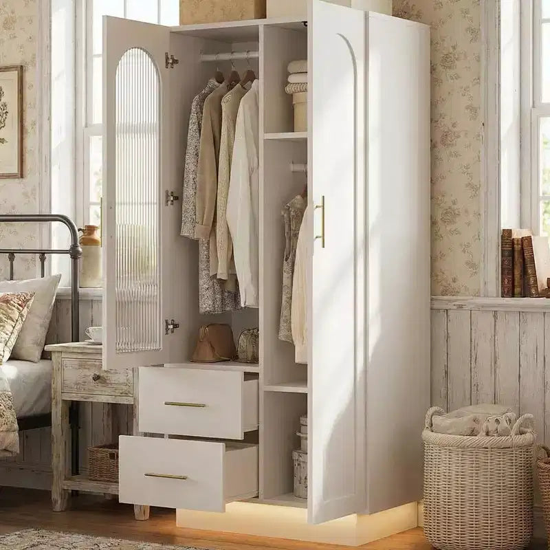 Meuble de rangement blanc à 2 portes avec panneau en verre cannelé et 2 tiroirs