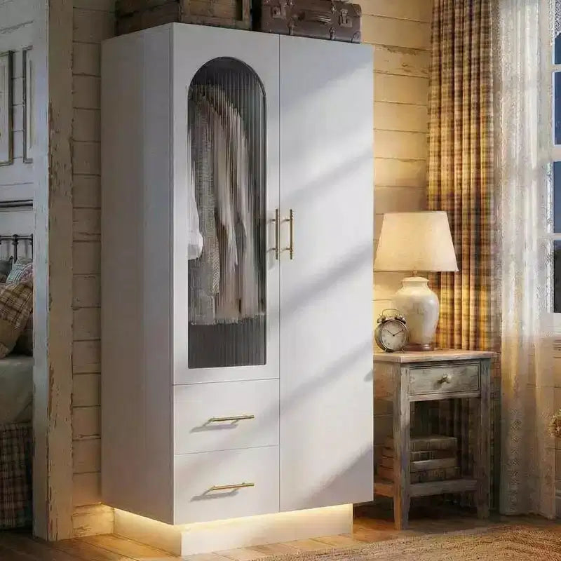 Meuble de rangement blanc à 2 portes avec panneau en verre cannelé et 2 tiroirs