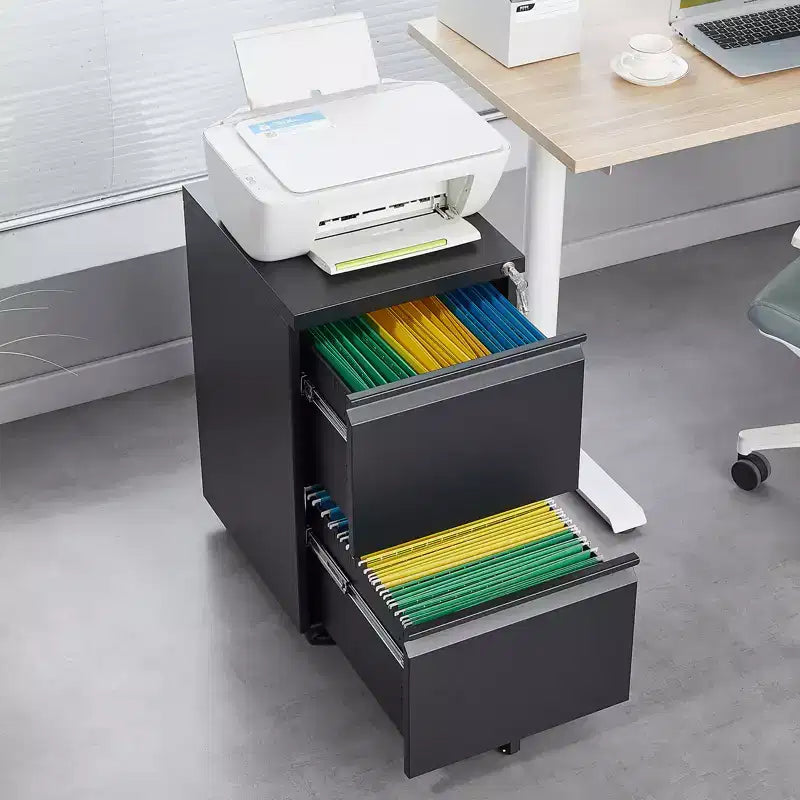Meuble de classement mobile en métal noir à 2 tiroirs verrouillables, sous le bureau, pour 1 personne