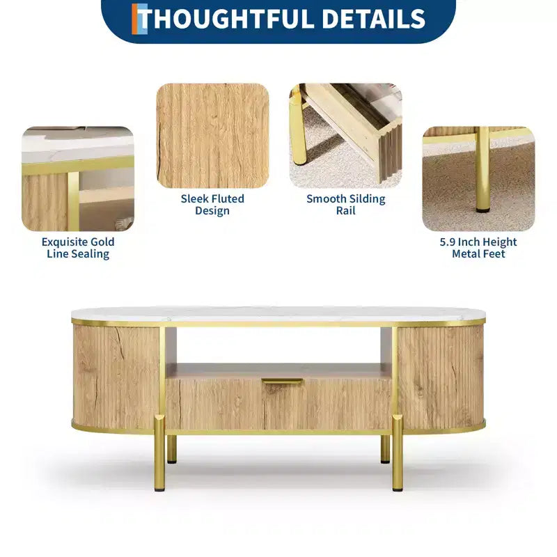 Table basse ovale cannelée bleu / chêne avec plateau effet marbre, cadre doré et tiroir