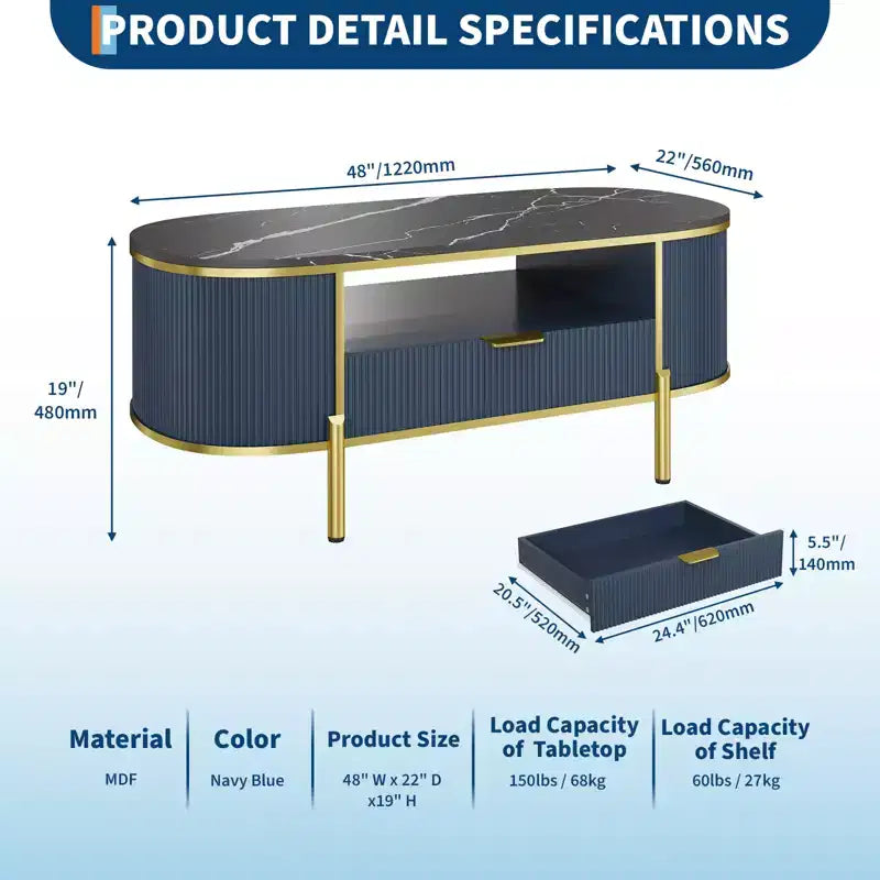 Table basse ovale cannelée bleu / chêne avec plateau effet marbre, cadre doré et tiroir