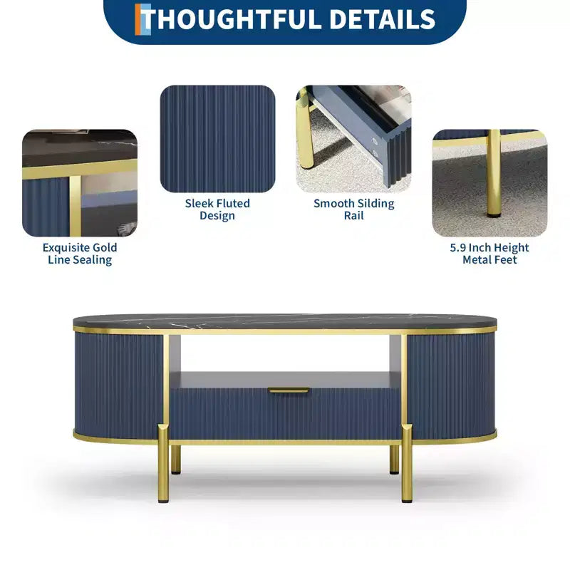 Table basse ovale cannelée bleu / chêne avec plateau effet marbre, cadre doré et tiroir