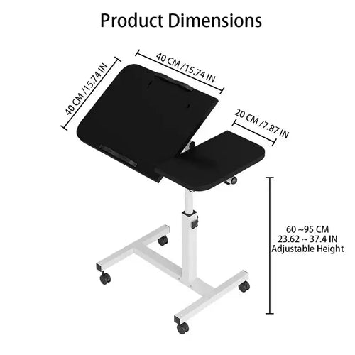 Table d'appoint roulante réglable en hauteur, noir et blanc, avec plateau inclinable, pour une personne