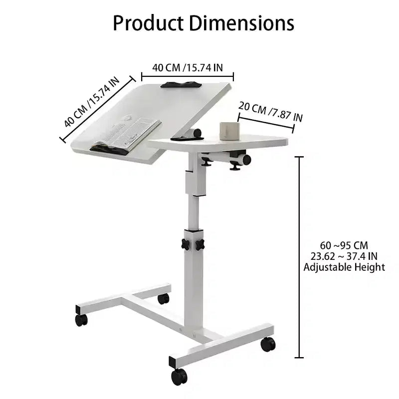 Table d'appoint roulante réglable en hauteur, noir et blanc, avec plateau inclinable, pour une personne