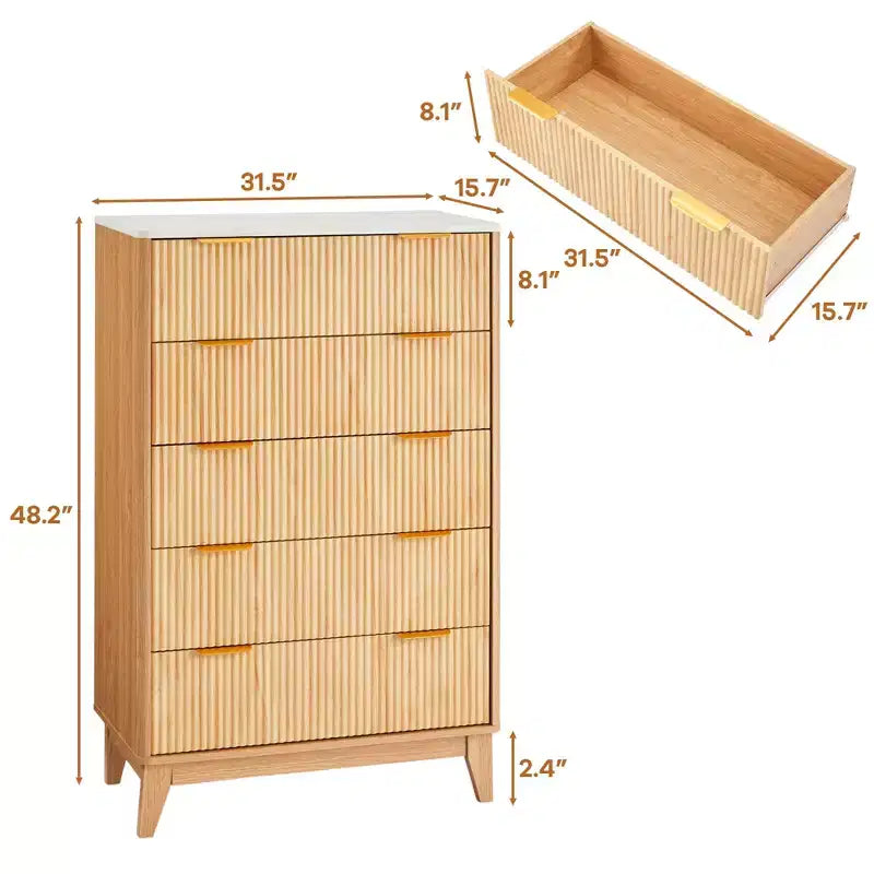 Commode cannelée en bois naturel avec poignées dorées, 5/6 tiroirs, commode de rangement pour chambre à coucher