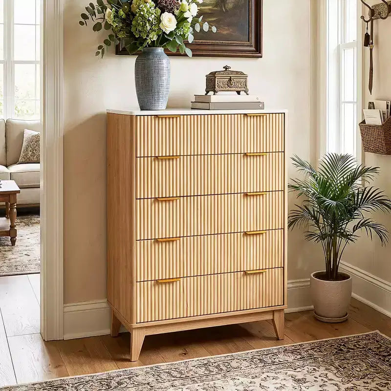 Commode cannelée en bois naturel avec poignées dorées, 5/6 tiroirs, commode de rangement pour chambre à coucher