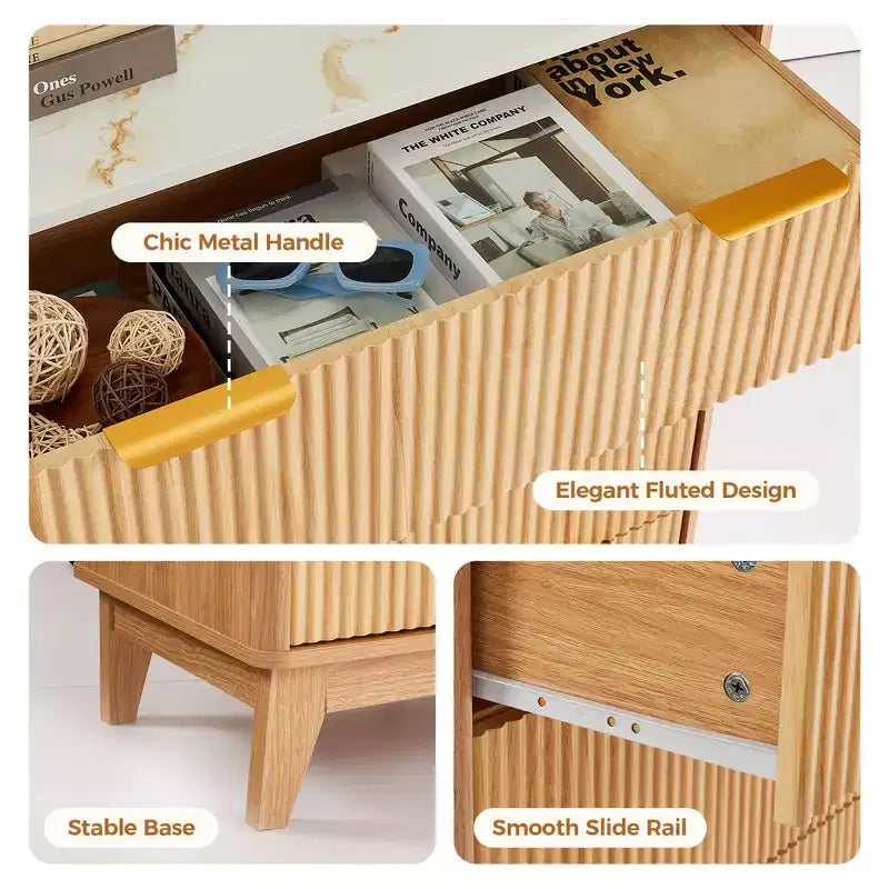 Commode cannelée en bois naturel avec poignées dorées, 5/6 tiroirs, commode de rangement pour chambre à coucher