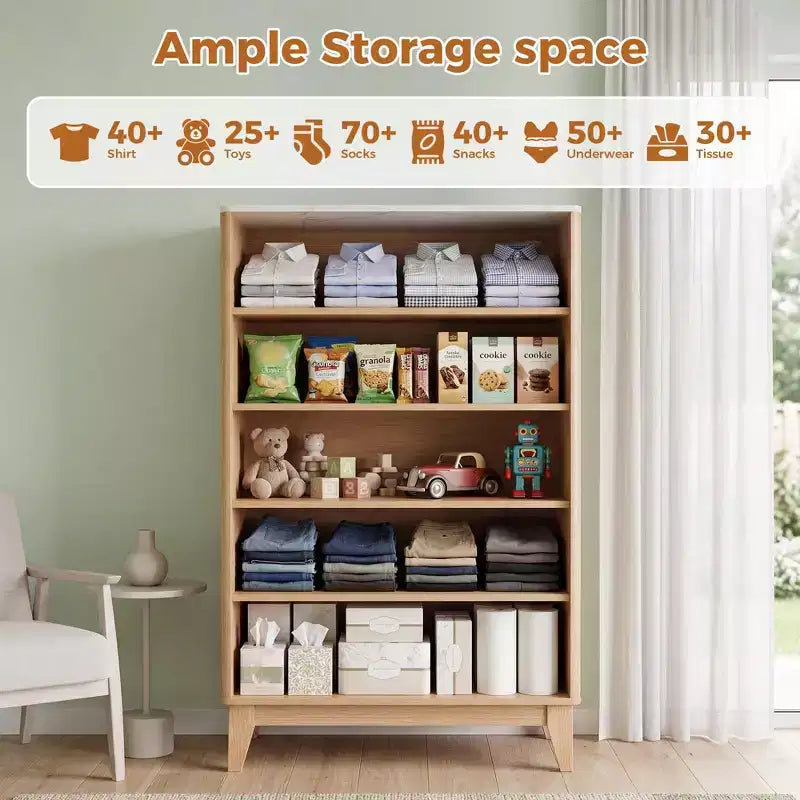 Commode cannelée en bois naturel avec poignées dorées, 5/6 tiroirs, commode de rangement pour chambre à coucher