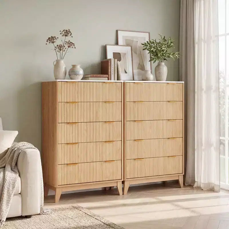 Commode cannelée en bois naturel avec poignées dorées, 5/6 tiroirs, commode de rangement pour chambre à coucher