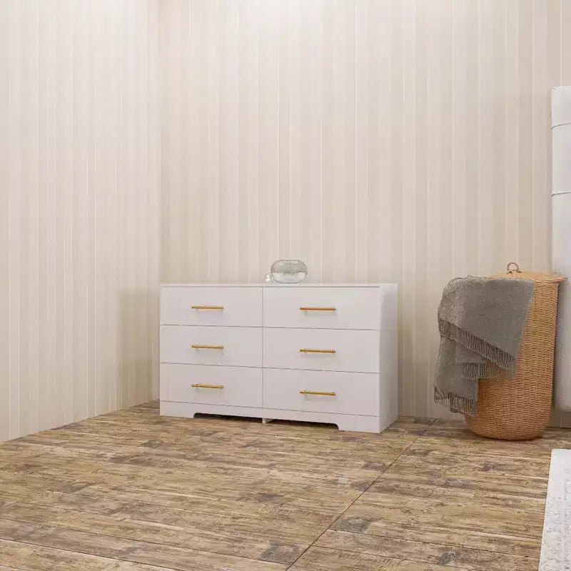 Commode double blanche à 6 tiroirs avec poignées dorées