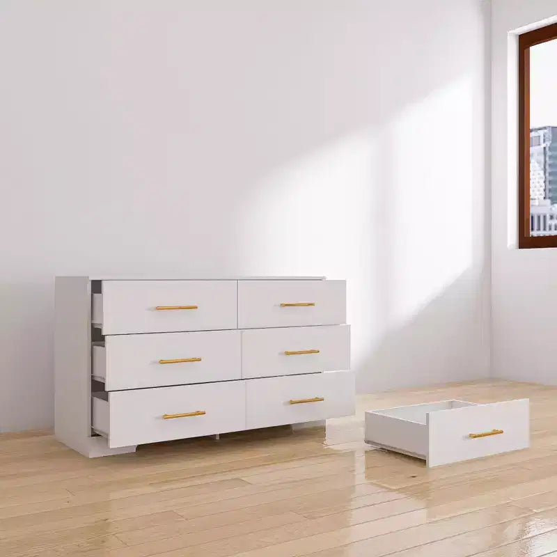 Commode double blanche à 6 tiroirs avec poignées dorées