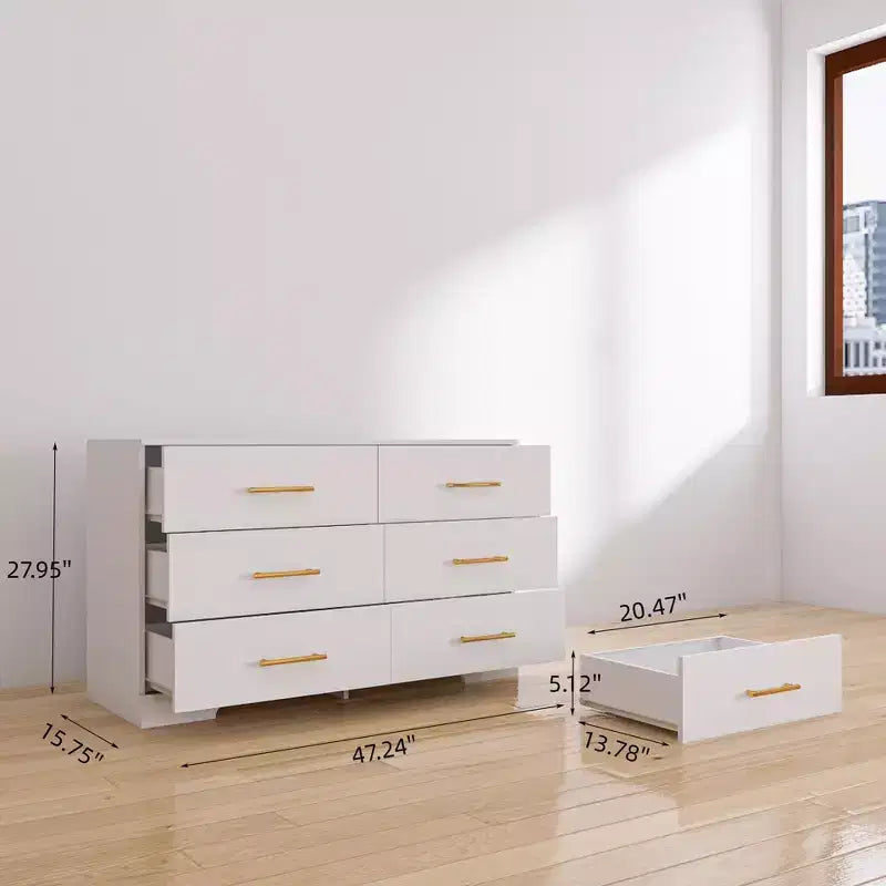 Commode double blanche à 6 tiroirs avec poignées dorées