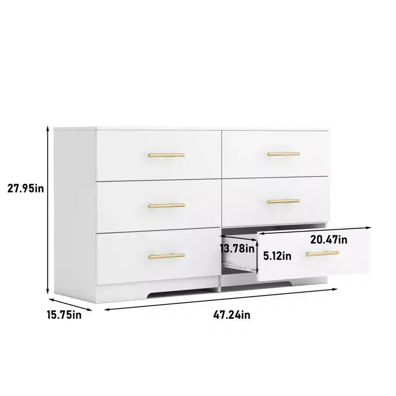 Commode double blanche à 6 tiroirs avec poignées dorées