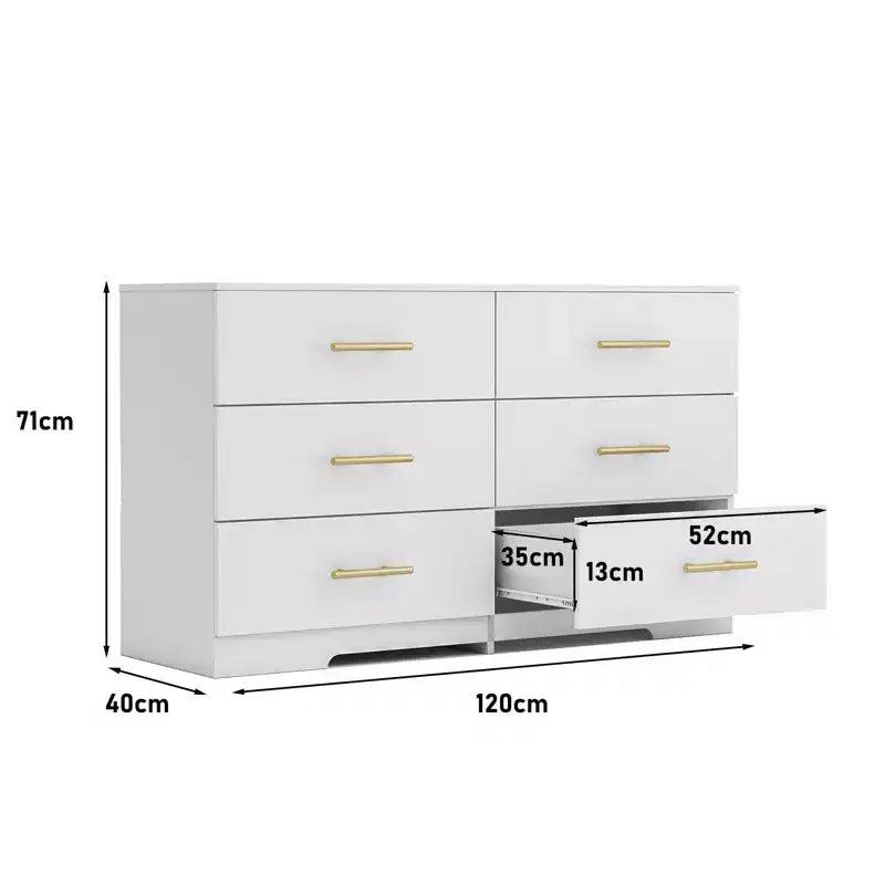 Commode double blanche à 6 tiroirs avec poignées dorées