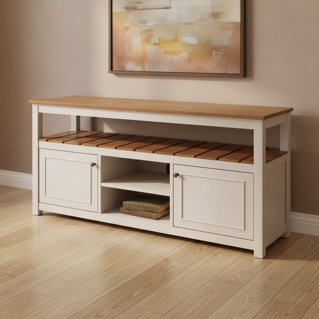 Savannah Cabinet Natural Top Wood TV Stand for TVs up to 64" Ivory - Alaterre Furniture