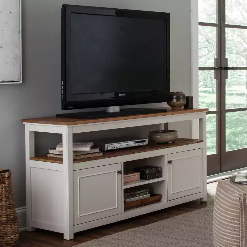 Meuble TV en bois naturel et ivoire avec rangement, convient aux téléviseurs jusqu'à 64 pouces