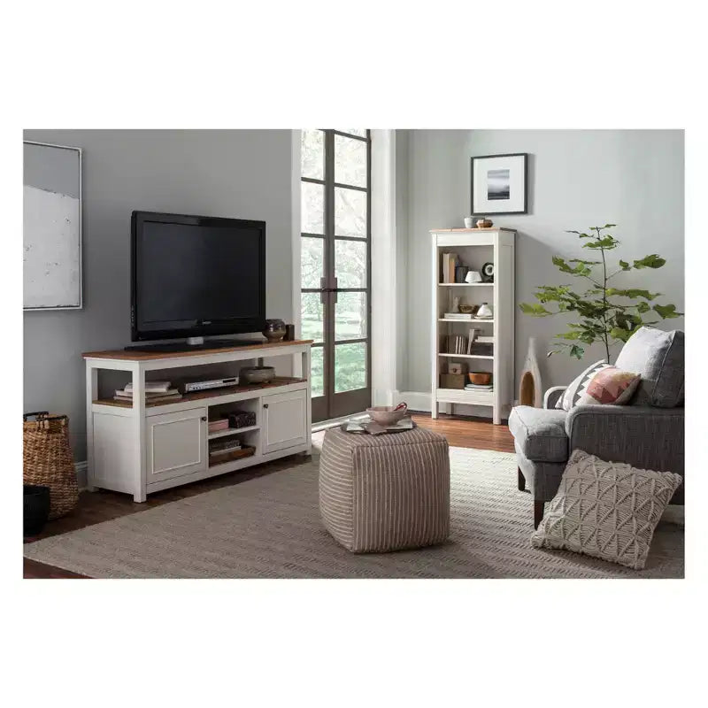 Meuble TV en bois naturel et ivoire avec rangement, convient aux téléviseurs jusqu'à 64 pouces