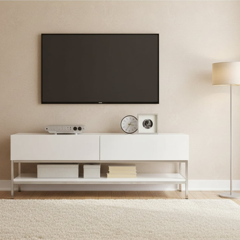 Meuble TV moderne blanc lustré avec base en métal, convient aux téléviseurs jusqu'à 60 po