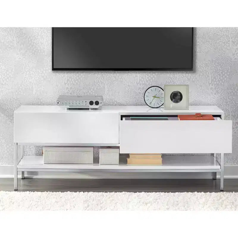 Meuble TV moderne blanc lustré avec base en métal, convient aux téléviseurs jusqu'à 60 po