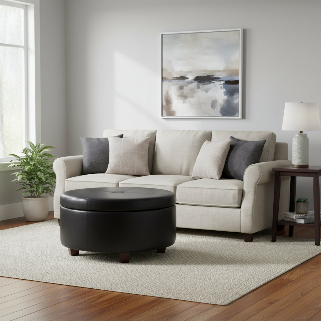 Winston Large Round Button Top Storage Ottoman Faux Leather Black - HomePop