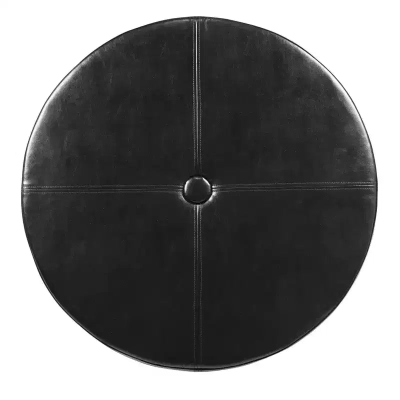 Ottoman de rangement rond noir en similicuir avec couvercle capitonné, 1 place