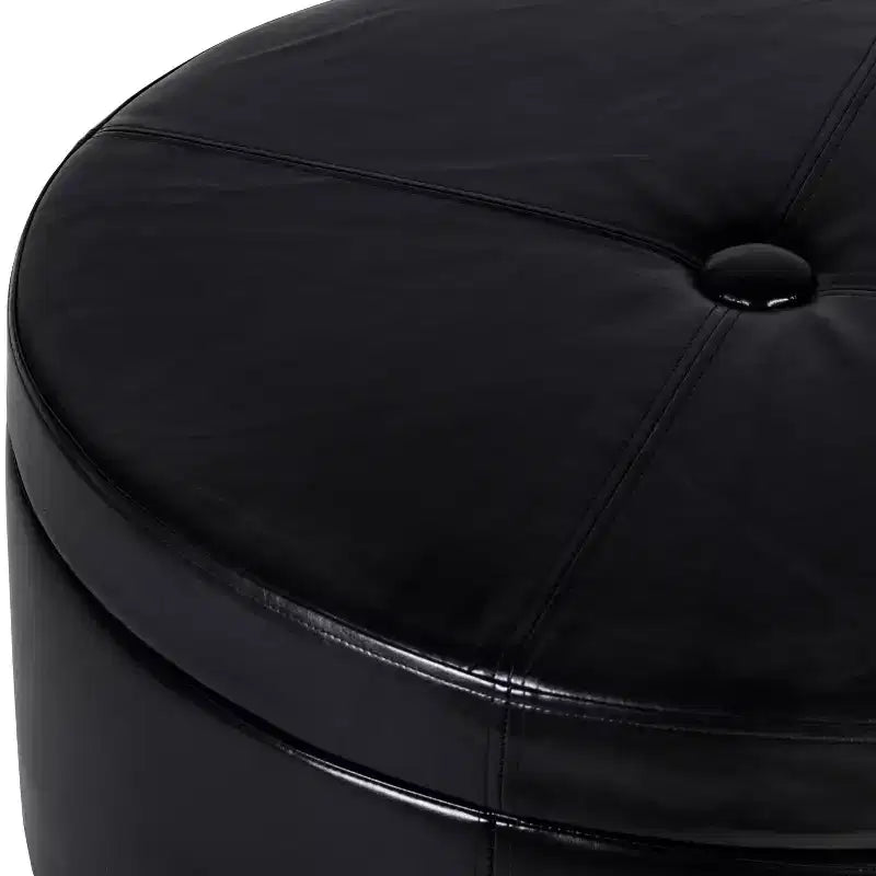 Ottoman de rangement rond noir en similicuir avec couvercle capitonné, 1 place