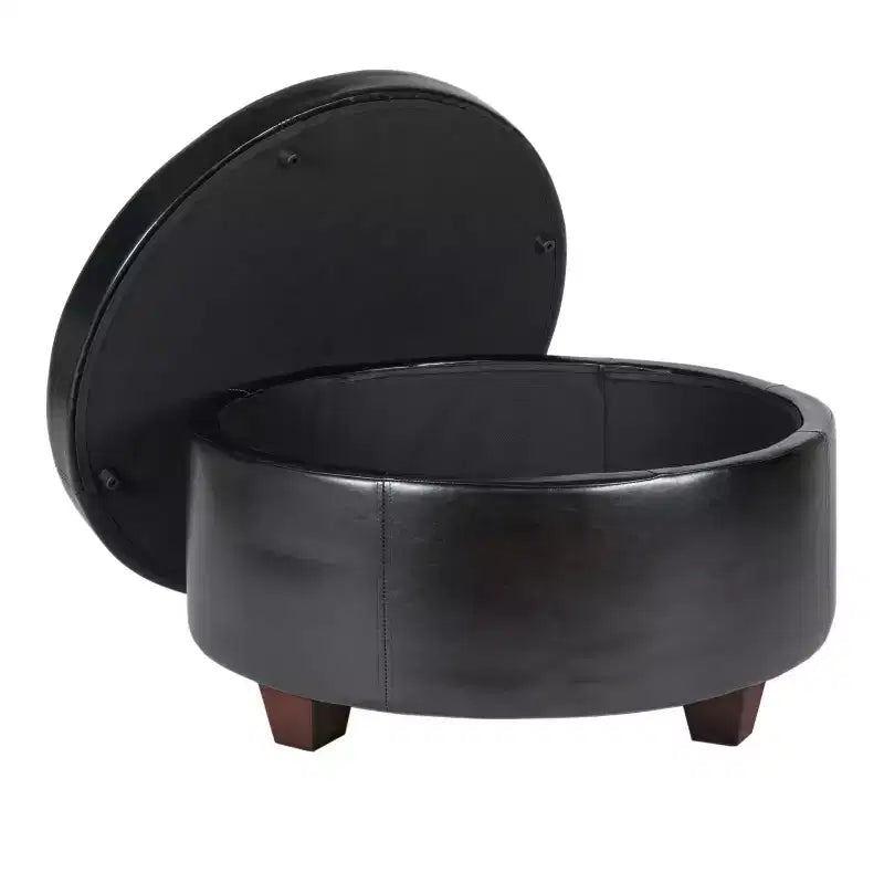 Ottoman de rangement rond noir en similicuir avec couvercle capitonné, 1 place