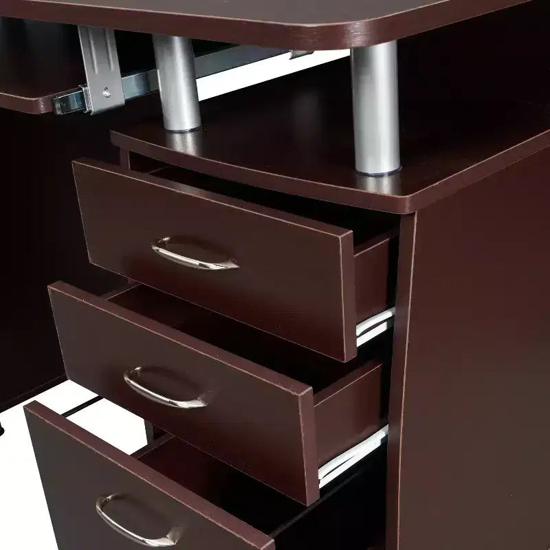 Bureau d'ordinateur de travail complet avec rangement marron – Bureau d'angle avec gestion des câbles
