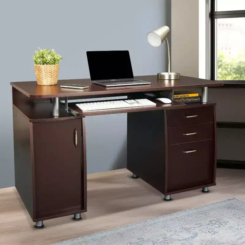 Bureau d'ordinateur de travail complet avec rangement marron – Bureau d'angle avec gestion des câbles