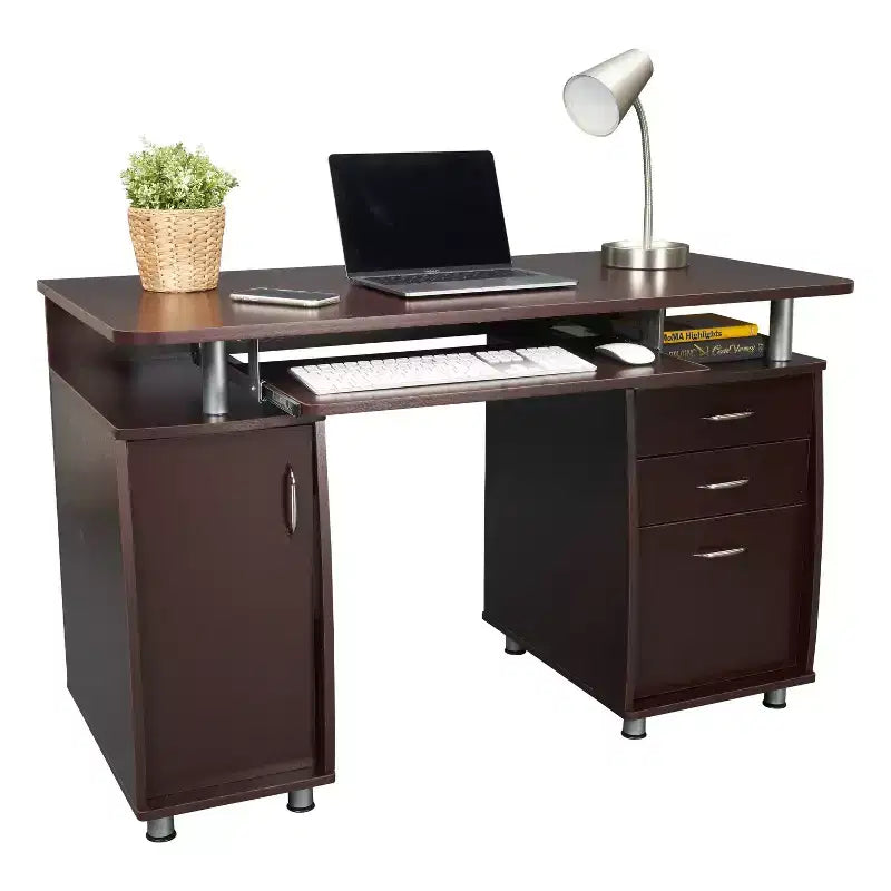 Bureau d'ordinateur de travail complet avec rangement marron – Bureau d'angle avec gestion des câbles