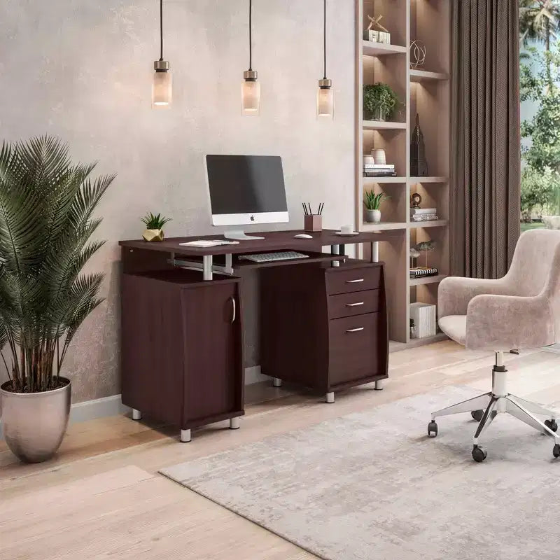 Bureau d'ordinateur de travail complet avec rangement marron – Bureau d'angle avec gestion des câbles