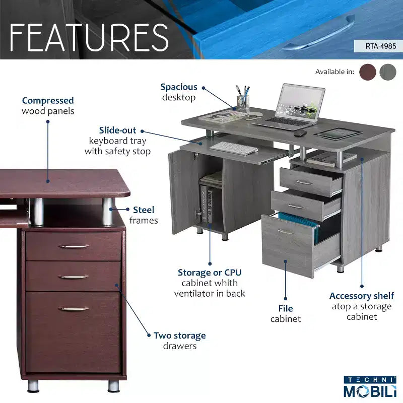 Bureau d'ordinateur de travail complet avec rangement marron – Bureau d'angle avec gestion des câbles
