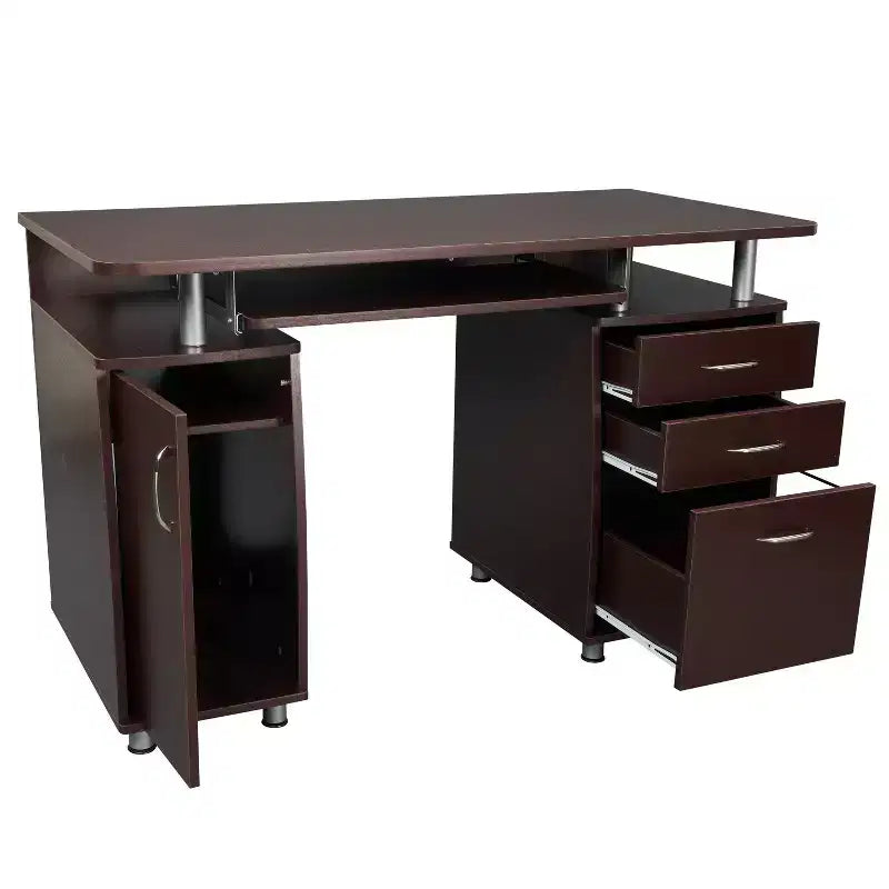 Bureau d'ordinateur de travail complet avec rangement marron – Bureau d'angle avec gestion des câbles