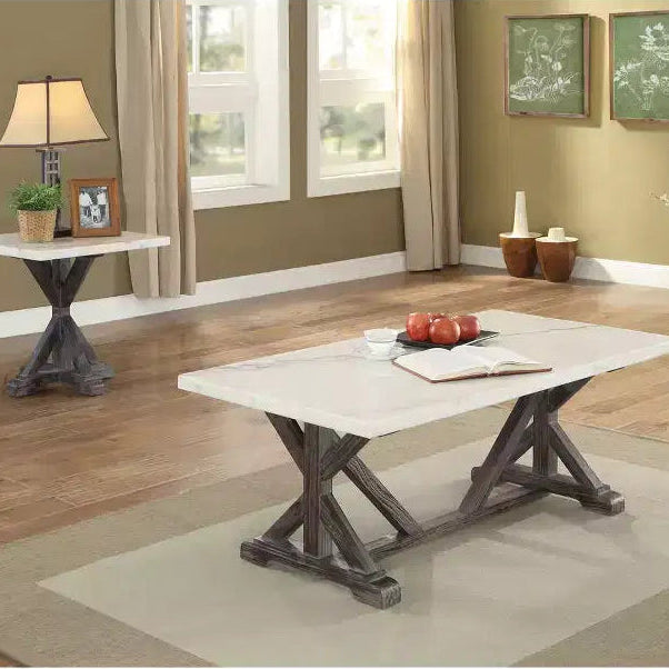 Table d'appoint à plateau en marbre blanc, marron expresso, base en X, 1 pièce