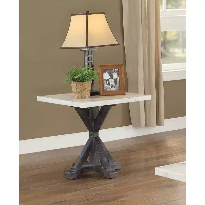 Table d'appoint à plateau en marbre blanc, marron expresso, base en X, 1 pièce