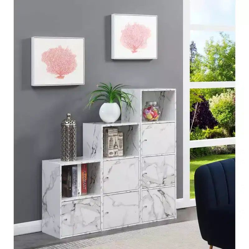 Armoire de rangement à 3 portes avec étagère à cases ouvertes Merisier / Faux bouleau / Marbre blanc / Bois de grange / Rose