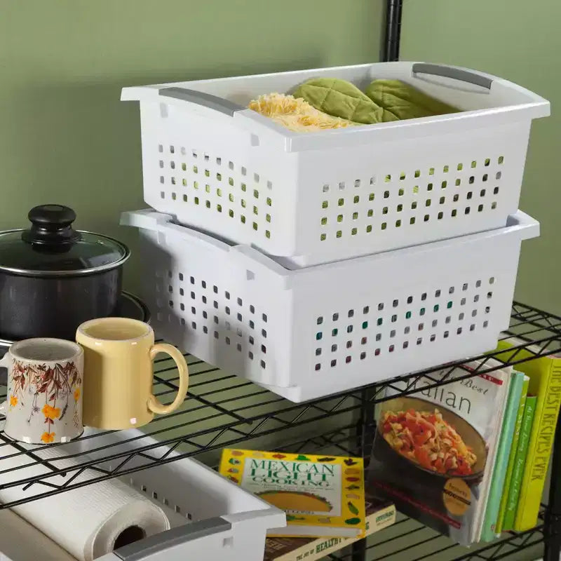 Petit panier empilable blanc avec accents gris, paquet de 18